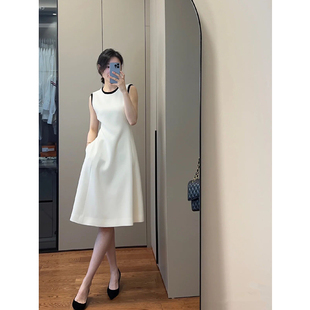夏季高档优雅气质白色长裙收腰女人味通勤A版无袖纯色连衣裙