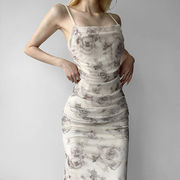 新中式玫瑰花印花吊带裙子长裙，女气质淑女，褶皱修身显瘦开叉连衣裙