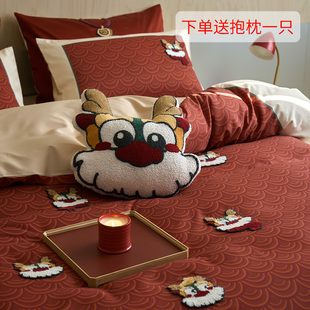 龙年100s长绒棉全棉纯棉，四件套红色卡通刺绣被套床上用品1.8