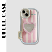 ufull适用粉色条纹爱心镜子iPhone15promax苹果13手机壳12pro支架maxiphone14女款11小众plus防摔保护套