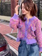 紫色毛衣女秋冬法式小香风短款复古圆领外套长袖加厚针织开衫