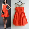 橙红色连衣裙明星同款春夏气质淑女女装钉珠网纱修身性感礼服