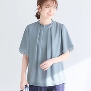 2023年春季日本女士短袖气质纯色荷叶领雪纺衬衫有大码