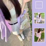 大码女装夏季套装女2023紫色中长款防晒衬衫外套短裤两件套装