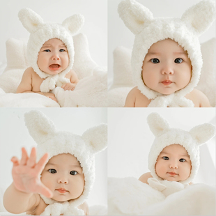 儿童摄影服装小兔子主题白色，可爱兔帽宝宝满月百天照拍照沙发道具