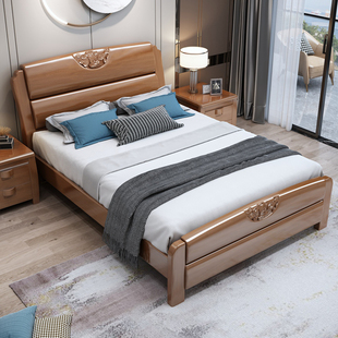 中式实木床现代简约1.2米儿童双人床1.5米单人床，小户型高箱储物床