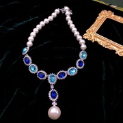 欧美珍珠蓝色宝石钻项链女轻奢小众百搭锁骨链常规毛衣链
