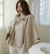 韩国东大门短款披肩蝙蝠袖毛呢大衣女双面手缝羊绒大衣斗篷女外套