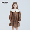 RBIGX瑞比克童装秋季设计感复古荷花领木耳边格纹女童连衣裙