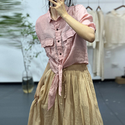素凡卡夏季森女日系文艺简约风口袋单排扣衬衫宽松绑带净色衬衣女