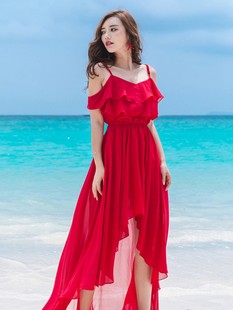 大红色吊带不规则燕尾，雪纺长裙海南三亚旅游度假沙滩裙露肩连衣裙