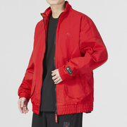 阿迪达斯男新年款运动服，秋冬加绒立领防风，休闲夹克本命年红色外套