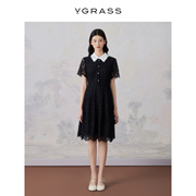 vgrass黑色重工蕾丝连衣裙，夏季短袖中长款小黑裙vsl2o20660