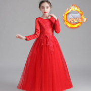 女大童大码红色礼服公主裙，生日婚纱裙蓬蓬，纱花童主持人钢琴演出服