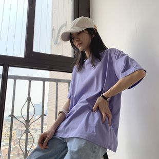 纯色浅紫色休闲短袖t恤女ins香芋紫上衣夏季学生，韩版宽松棉质白色