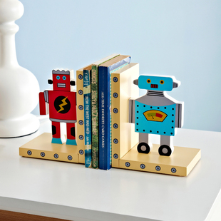 儿童房软装样板间装饰摆件书立架木质机器人，桌面男孩房间收纳书档