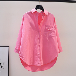 玫粉色中长款衬衫女宽松长袖棉衬衣2024春季设计感口袋上衣外套潮