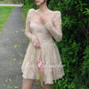 La Blanche S21裸色法式风情超仙气质复古长袖连衣裙仙女蕾丝裙