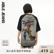 ablejeans24夏女士(夏女士)动物城系列做旧水洗插肩袖拼接t恤981319