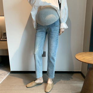 氧气蓝~孕妇牛仔裤外穿韩国时尚，显瘦夏季薄弹力九分直筒烟管裤子