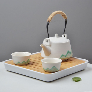 功夫家用茶具套装一壶两杯手绘提梁壶日式整套陶瓷茶盘茶壶旅行包