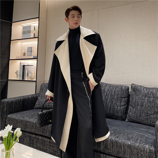 冬季韩国气质翻领，撞色毛呢大衣男设计感假两件中长款加棉呢子外套