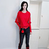 红色蝙蝠袖针织衫，女春装2023年韩版宽松短款毛衣打底衫上衣潮