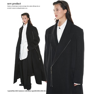 VAPOURBLUE原创设计羊毛绒垫肩拉链大衣男女冬季黑色长款毛呢外套