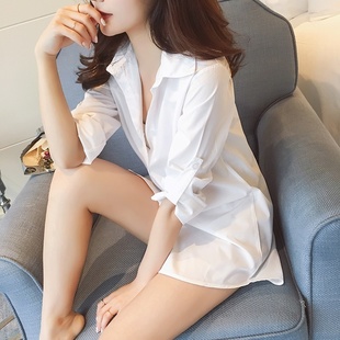 性感白色衬衫女士长款衬衣睡衣裙大码宽松足浴技师工作服长袖上衣