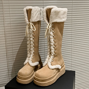 马丁靴加厚绒大棉女鞋冬季雪地，靴厚底保暖高靴松糕跟长筒靴子绑带
