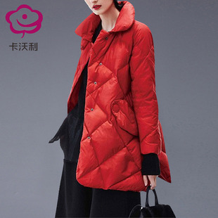 欧货气质红色羽绒服女冬季时尚娃娃领宽松斗篷型保暖外套薄款