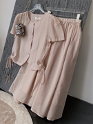 中式纯色圆领单排扣雪纺短袖上衣A字高腰半身裙套装时尚休闲洋气
