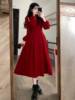 新中式改良旗袍酒红色连衣裙女秋冬法式高级回门敬酒订婚礼服长裙