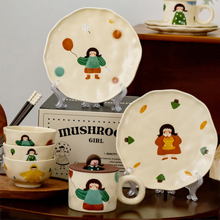 泽滕家日式复古女孩陶瓷，餐具小碗套装，菜盘子家用碗筷情侣礼盒饭碗