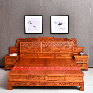 新中式全实木1米8仿古双人大床婚床，中式明清古典榆木富贵雕花大床