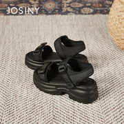josiny卓诗尼黑色，罗马凉鞋女款2024夏季休闲厚底海边沙滩鞋