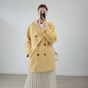 max家经典中长款羊绒，大衣欧美双排扣鹅黄色，羊毛大衣女小个子外套