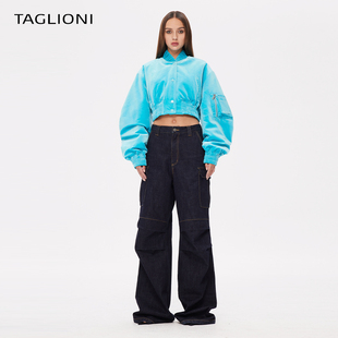 taglioni×canotwait联名系列蓝色，丝绒短款棒球夹克美式休闲卫衣