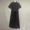 欧美时尚夏季黑色棉质休闲束腰褶裥百褶方领短袖连衣裙