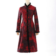秋冬加厚立领中年女装外套，中国风修身红色复古扎染提花连衣裙旗袍