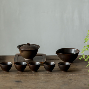 玩物志日式粗陶盖碗，茶具套装古朴侘寂风盖碗茶器工夫茶茶具盒装