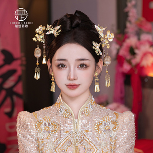 新娘金色中式古装头饰花朵发簪汉服秀禾服旗袍减龄发饰套装