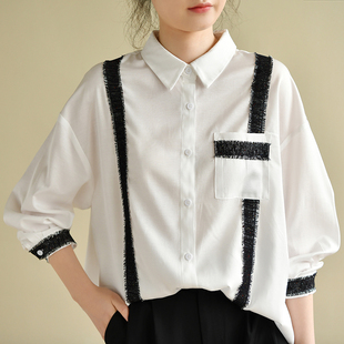 天然出品休闲文艺黑色织带，拼接纯白色衬衫春季外套ca2005