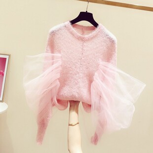 设计感甜美蓬蓬网纱蝙蝠袖毛衣女2024春装宽松粉色薄款针织衫