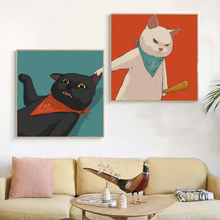 情侣头像卡通装饰画卧室床头，挂画动漫客厅沙发背景墙可爱猫咪壁画