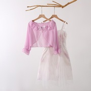 夏季文艺小众汉元素长袖防晒小衫外套紫色上衣吊带裙甜美套装