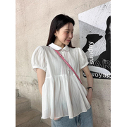 韩国chic夏季复古气质娃娃领纹理，感拼接荷叶，边宽松百搭短袖衬衫女