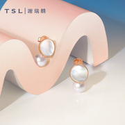 tsl谢瑞麟淡水珍珠18k金贝母(金贝母)耳环，时尚耳饰女士正圆珍珠bd030