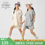 日本日本LIVHEART儿童无袖带帽T恤套装女大童洋气夏装短裤两件套