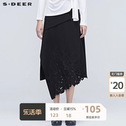 sdeer圣迪奥黑色，半身裙女装个性镂空绣花长裙，冬季裙子s20381110